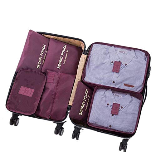 7 Set Kleidertaschen - 3 Packwürfel + 3 Taschen Tasche + 1 Schuhtasche - Perfekter Reisegepäck-Organizer（Wine red）