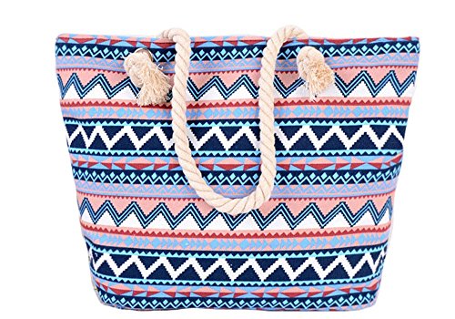 5 All Strandtasche Shopper Damen Aufdruck Muster Geometrie Groß XL mit Reißverschluss Blau
