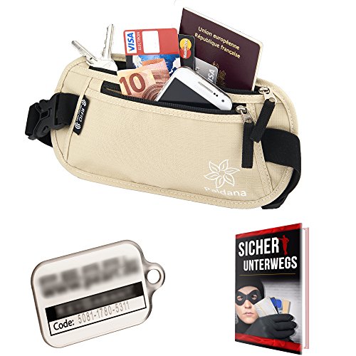 Enganliegende Bauchtasche und Geldgürtel mit Datenschutz ( RFID-Kreditkarten, NFC, Reisepass etc ) mit Schlüsselanhänger mit eingebautem Fundbüro und Ratgeber „Sicher unterwegs“ - 2