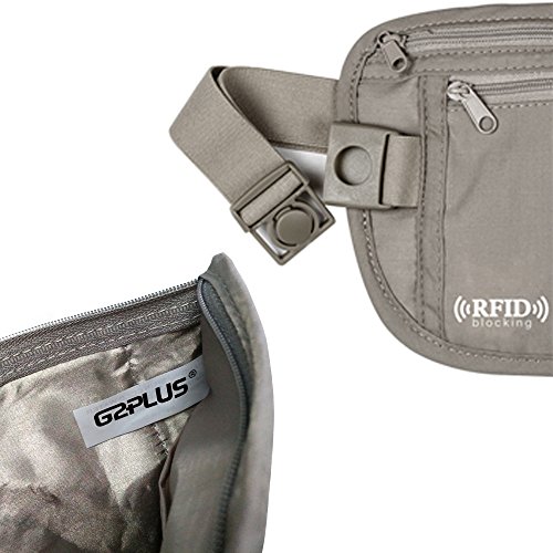 G2PLUS Kleines Gürteltäschchen Bauchtasche RFID Gürtelsafe Brustbeutel mit verstellbarem Riemen Reißverschluss Taschen für Reisen 26 cm * 14 cm * 0.2 cm (Beige) - 4